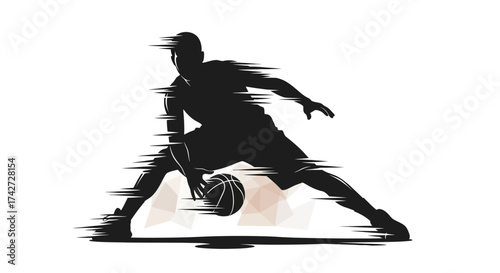 Dynamic black silhouette of basketball player dribbling with speed effect, sporty design for team spirit, fitness, and competitive branding resources