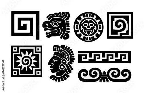 Vector Ancient aztec mayan symbols and patterns with geometric designs