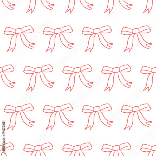 Seamless Pattern of Hand Drawn Red Bows. Repeating design of red bow illustrations on a white background, ideal for wrapping paper, fabric prints, or festive decorations