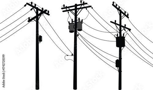 Silhouette utility poles with transformers, crossarms, insulators, power lines, varied configurations,  