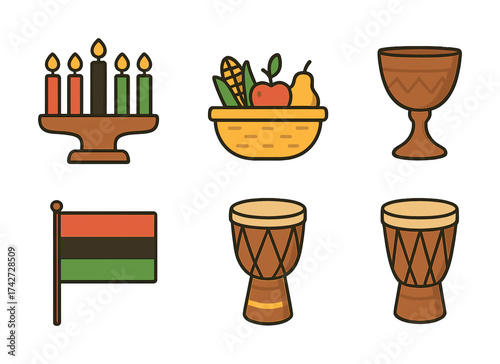 Vector Kwanzaa symbols: kinara, fruits, unity cup, pan-african flag, african drums