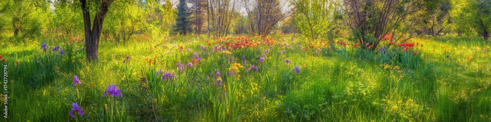 Fototapeta premium Lush green meadow with wildflowers and trees bathed in sunlight