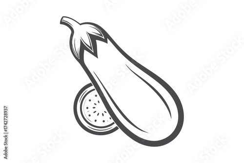 Outline of Eggplant and Slice Detail on White Background Food Design
