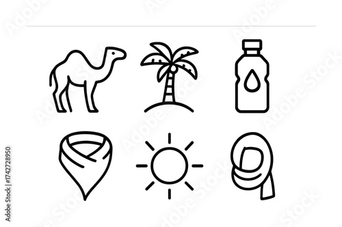 Vector Camel, palm, water bottle, scarf, sun icons set