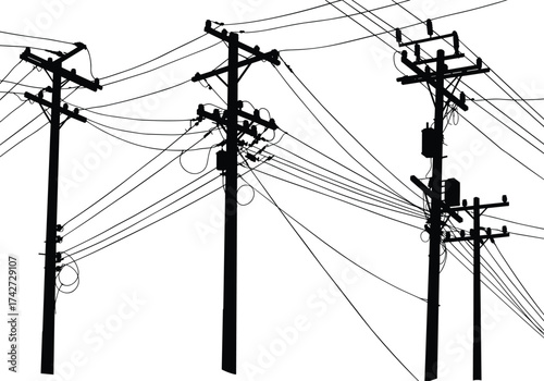 Silhouette utility poles with transformers, insulators, crossarms, crisscrossed power lines, electrical infrastructure, energy distribution, telecommunications network, urban electricity system