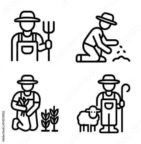 Vector Outline icons of farmers: planting, harvesting, and shepherding activities