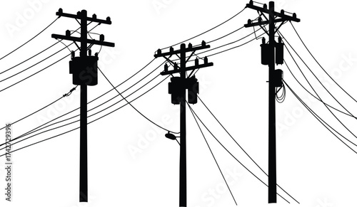 Silhouette utility poles with transformers, insulators, crossarms, streetlight, power lines, electrical infrastructure, energy distribution, telecommunications network, urban electricity system