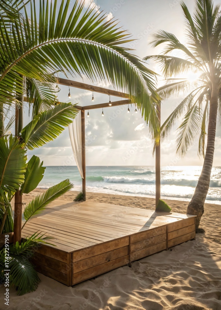Fototapeta premium Beachfront Wedding Stage with Palm Trees, Ocean View, and Soft Sunlight