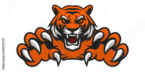 A fierce orange tiger with sharp claws extended forward, showing aggression and power.