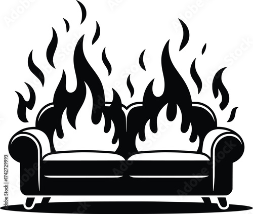 Burning Sofa with Flames Vector Illustration.
