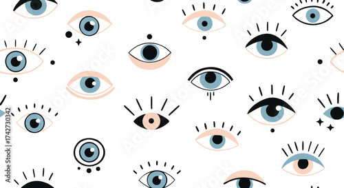 An abstract pattern of many eyes staring in different directions with diverse sizes and colors

