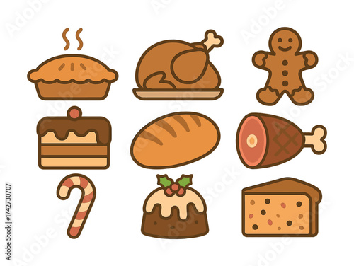 Vector Assorted holiday foods icons: pie, turkey, gingerbread, cake, bread, ham, candy cane, pudding, cheese