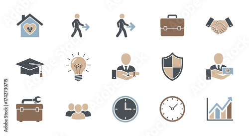 Business and finance icons representing various aspects of work and life.