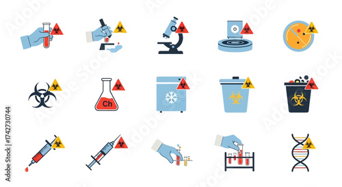 Collection of Biohazard and Laboratory Safety Icons.