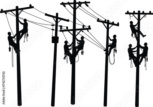 Silhouette utility workers climbing poles with safety harnesses, helmets, electrical equipment, power lines, teamwork maintenance scene, urban electricity infrastructure system