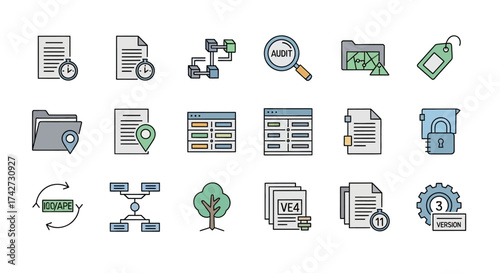 Collection of Data Management and Organization Icons for Business and Technology.