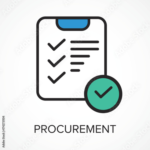 Procurement Checklist Icon with Approval Tick – Purchase Management and Supply Chain Concept Illustration, Procurement Management Icon – Purchase Order and Supply Chain Approval Symbol