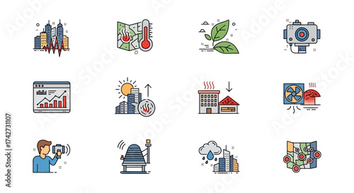 Collection of Environmental and Technological Icons Representing Various Concepts.