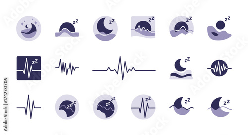 Collection of Sleep and Brainwave Icons Representing Rest and Mental Activity.