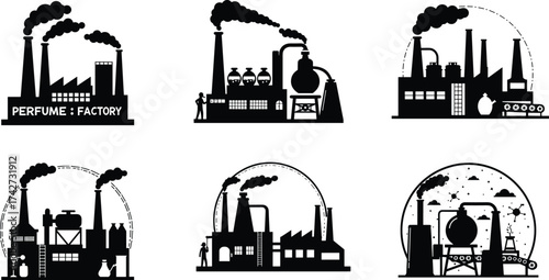 Industrial factory illustrations, black and white sketch, chemical plant, manufacturing facility, refinery drawing, technical art, machinery, architecture, engineering, production