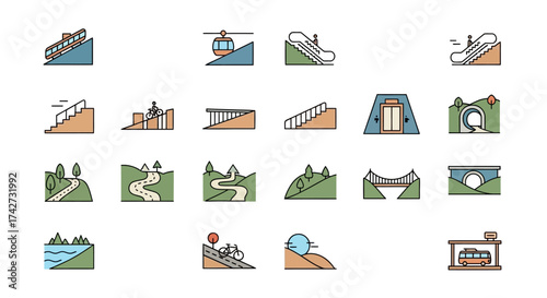 Collection of various landscape and transportation icons.