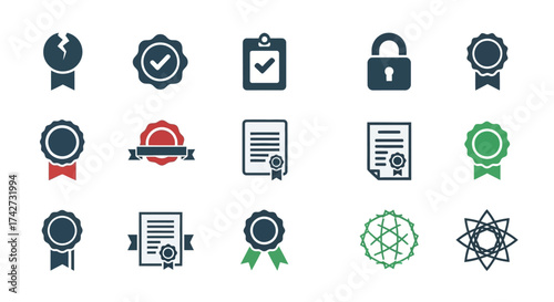Collection of various quality assurance and certification icons.