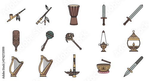 Collection of various musical instruments and weapons, artistic illustration.