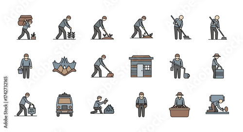 Collection of Vintage Icons Depicting Historical Peasant Labor.
