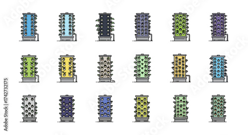Collection of Vertical Hydroponic Gardens for Urban Farming.