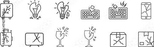 set of Damaged & Broken Thin Line Icons Set – Cracked, key board , wain glass broken , phone , box , tv Outline Vector Pack