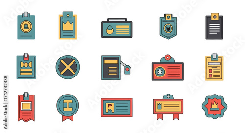 Colorful Flat Icons Representing Badges and Identity Cards.