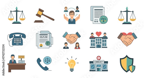 Colorful Flat Icon Set for Law Justice and Legal Services.