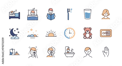 Colorful Line Icons for Sleep Hygiene and Morning Routine.