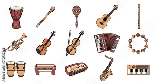 Colorful Illustrated Collection of Various Musical Instruments.
