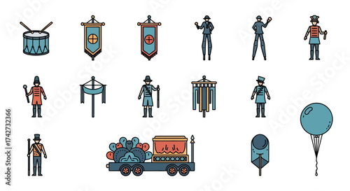Colorful Parade Elements and Marching Band Icons Set.