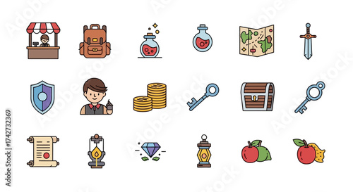 Colorful Set of Fantasy RPG Adventure Game Icons.