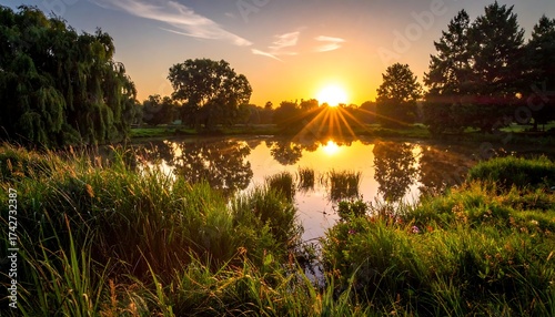 Golden sunset over a tranquil lake, reflecting trees and reeds