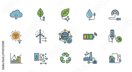 Eco Friendly Technology and Renewable Energy Source Icon Set.