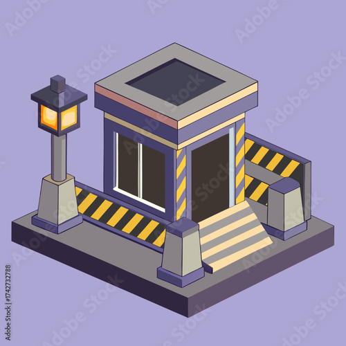 Isometric Security Checkpoint With Lamp and Warning Stripes