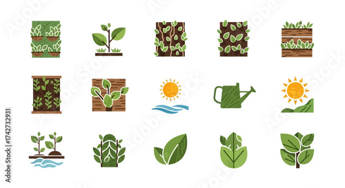 Gardening and Plant Growth Vector Icon Set Collection.