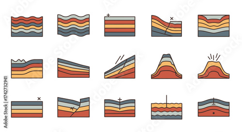 Geological cross sections icon set showing earth layers and formations.