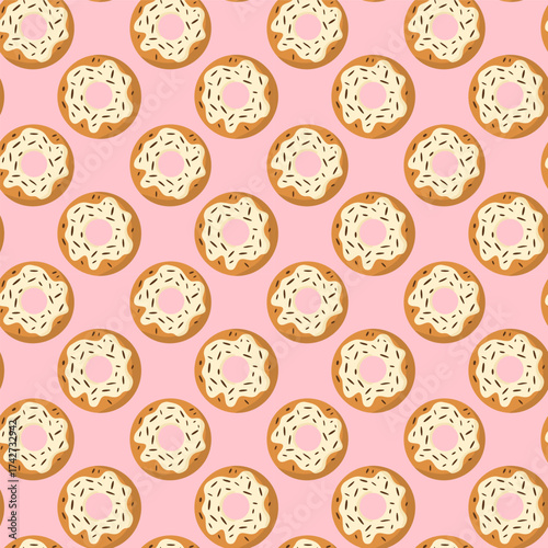 Seamless pattern glazing donuts on pink background vector illustration. Print, perfect for branding, packaging, and business products. Concept of sweet dessert, food