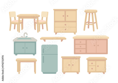 Vector Kitchen furniture set featuring chairs table cabinets fridge and stool
