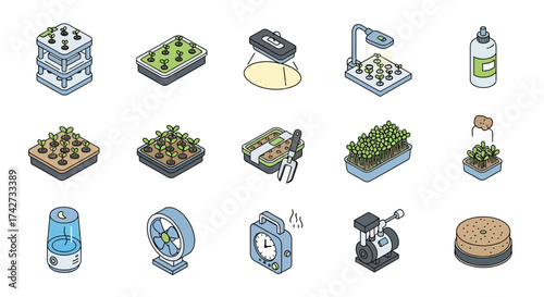Isometric Hydroponic Gardening Equipment and Supplies Collection.