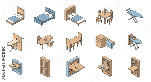 Isometric Furniture Set - Beds, Tables, Ironing Boards, and Wall-Mounted Tables.