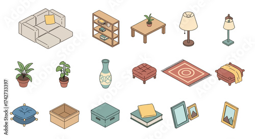 Isometric Collection of Living Room Furniture and Decor.