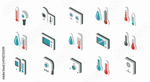 Isometric Icons of Temperature and Humidity Control Devices.