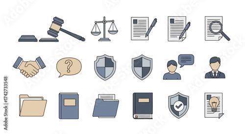 Legal and Business Icons Representing Justice and Security.