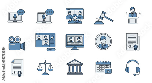 Legal and Business Technology Icons for Online Communication and Justice.