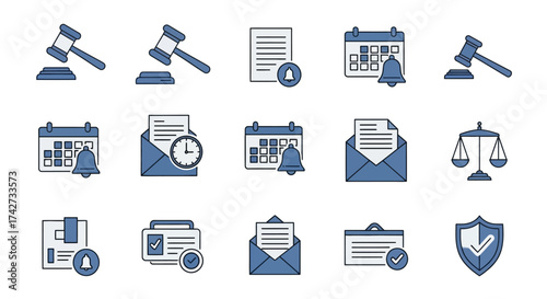 Legal and Notification Icons - Justice, Deadlines, and Security.